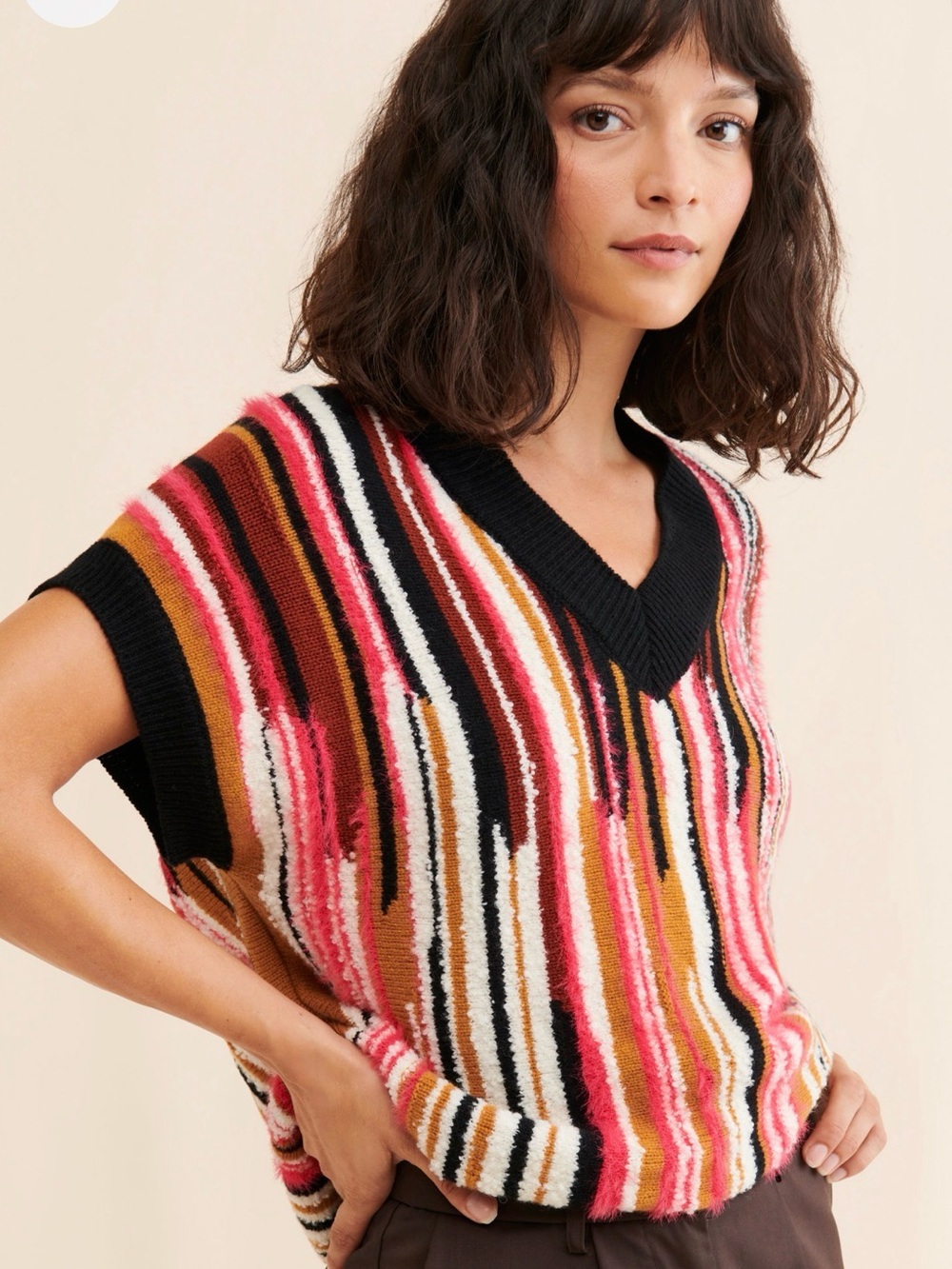 Floor fuzzy Striped V-Neck Sweater Vest in Pink, Black & Tan